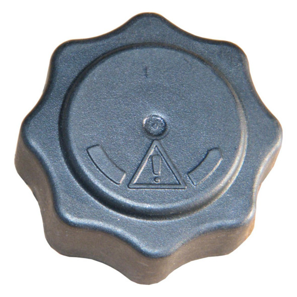 Direct Replacement Radiator Expansion Bottle Cap for Defender Td5 & Puma, close-up of a metallic radiator cap with a warning symbol and pressure indicator.