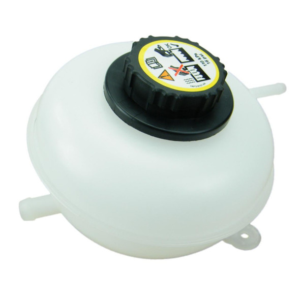 Product: Radiator Expansion Tank & Cap for Freelander 1, close-up image showing the white expansion tank with a black cap featuring warning labels.