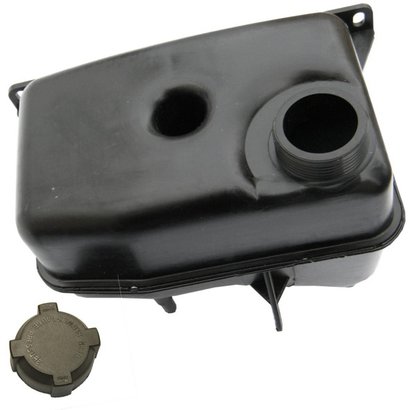 Product Name, Direct Replacement Coolant Expansion Header Tank & Cap for Defender Tdi, black plastic coolant expansion tank with cap and inlet/outlet ports.