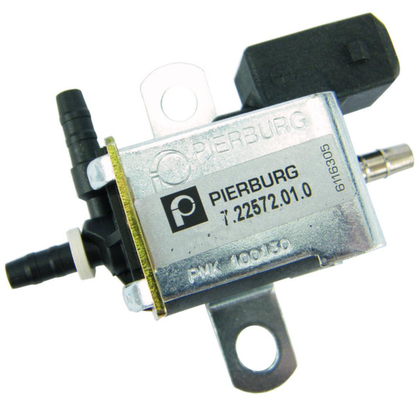 Pierburg Turbo Wastegate Control Valve PIERBURG OEM for Discovery 2 Td5, close-up view of the turbo wastegate control valve with metal body, black plastic connectors, and label showing product details.