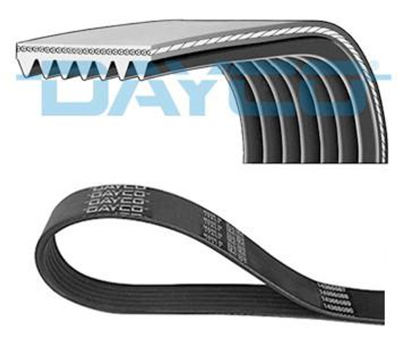 Dayco Fan Belt with Air Con +ACE for Discovery 2 Td5, close-up view of the black serpentine belt with ribbed design and branding markings.
