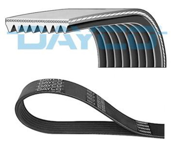 Dayco Auxiliary Drive Belt for Discovery 3 2.7 TDV6, showing a close-up of the black rubber belt with ribbed design and part of the ribbed section of the belt.