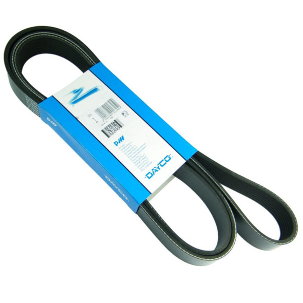 Dayco Fan Drive Belt for Defender 2.4 TDCi Puma, a black automotive engine belt with a blue and white packaging label.