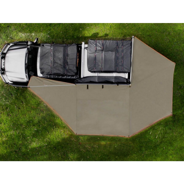 Overhead view of 270 degree 5 wing awning fully deployed around vehicle showing coverage area