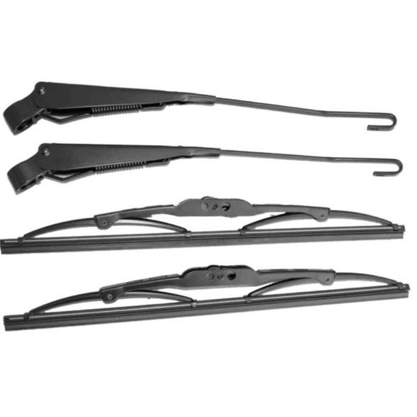 Direct Replacement Windscreen Wiper Arms & Blades for 2001 Defender, black wiper arm and blade set with mounting hooks.