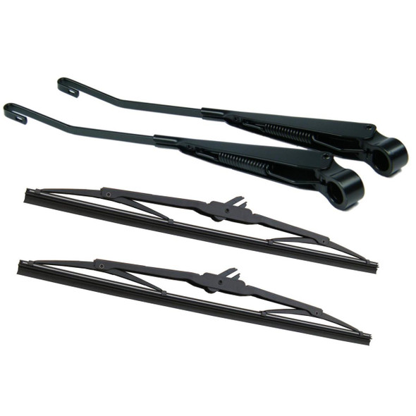 Product: Direct Replacement Windscreen Wiper Arms & Blades Left Hand Drive for Defender, image of black wiper arms and blades for vehicle windscreen.
