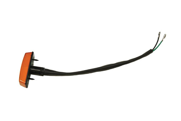 Product Direct Replacement Indicator Repeater Side Lamp - PRC7044 for Defender, with an orange lens and black wiring harness for vehicle lighting replacement.