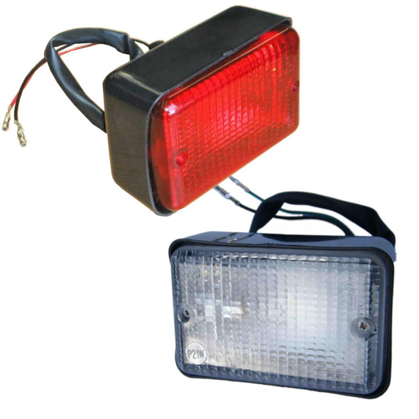 Direct Replacement Rear Fog & Reverse Light Set PRC7254/PRC7263, enhanced safety for Defender, including red rear fog light and clear reverse light with wiring harness.