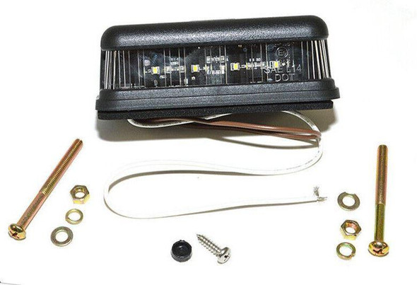 WIPAC High-Quality LED Replacement Number Plate Light for Defender & Series, LED car number plate light with mounting hardware and wiring components.