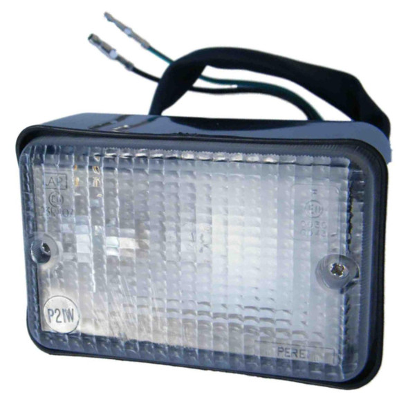 Direct Replacement Rectangular Reverse Lamp - PRC7263, automotive lighting product for Defender & Series 3, showing a black casing, clear lens, and electrical wiring for reverse signal illumination.