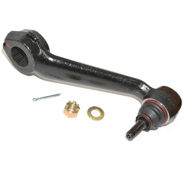 Direct Replacement Defender Steering Box Drop Arm With Ball Joint Left Hand Drive, black metal steering component with attached ball joint and hardware for vehicle steering system replacement.