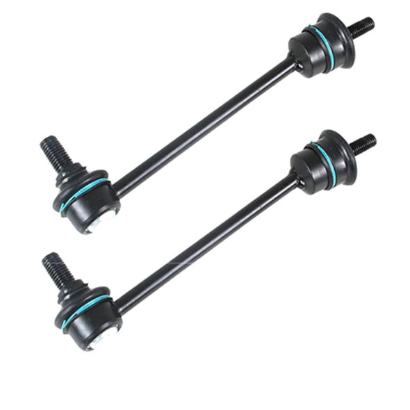 Product: Direct Replacement Front Anti Roll Bar Drop Link Pair for Freelander 1, image description of two black drop links with rubber bushings and threaded ends.