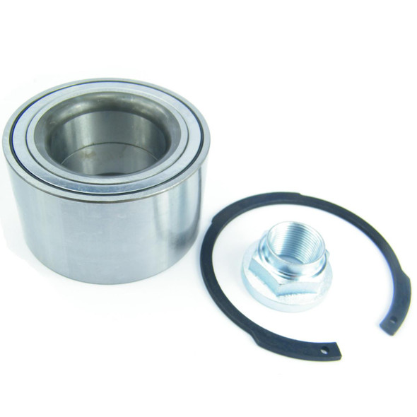Direct Replacement Rear Wheel Bearing for Discovery 3, 4 & Range Rover Sport, image of a metallic wheel bearing, a rubber seal, and a metal nut with threading.
