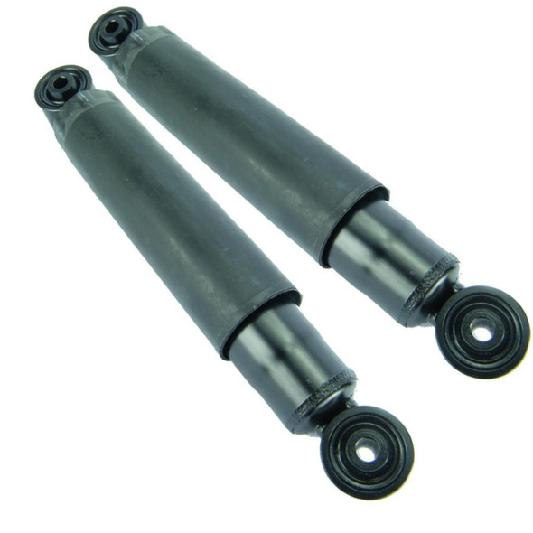 Direct Replacement Rear Shock Absorbers non ACE + Coils for Discovery 2, black vertical shock absorber components with mounting eyelets for vehicle suspension.