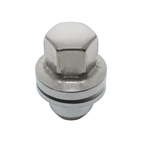 Direct Replacement Alloy Wheel Nut for Range Rover Sport L320, close-up of metallic wheel nut with a hexagonal head.