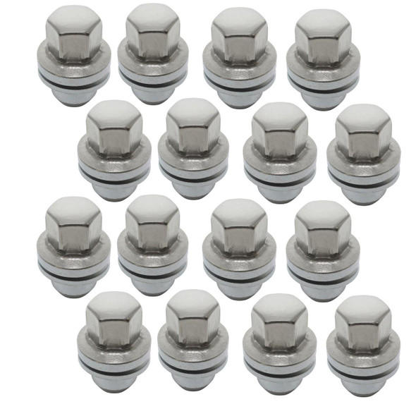 Direct Replacement Alloy Wheel Nut Set Of 16 for Discovery 3, silver wheel nuts with a hexagonal top and rubber gasket.