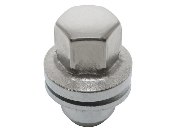 Direct Replacement Alloy Wheel Nut Set Of 16 for Range Rover Sport L320, close-up of a single silver wheel nut with hexagonal top and black rubber seal.