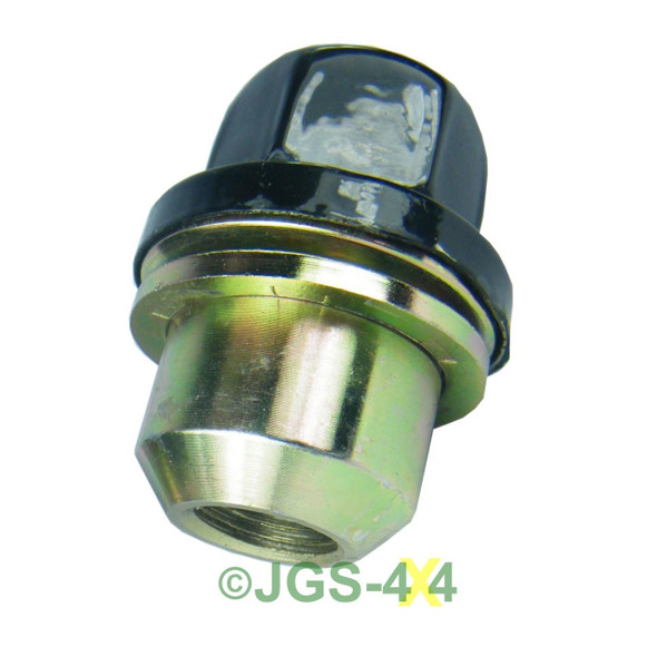 Direct Replacement Black Alloy Wheel Nuts x20 for Defender, close-up of a single black alloy wheel nut with a metal threaded base.