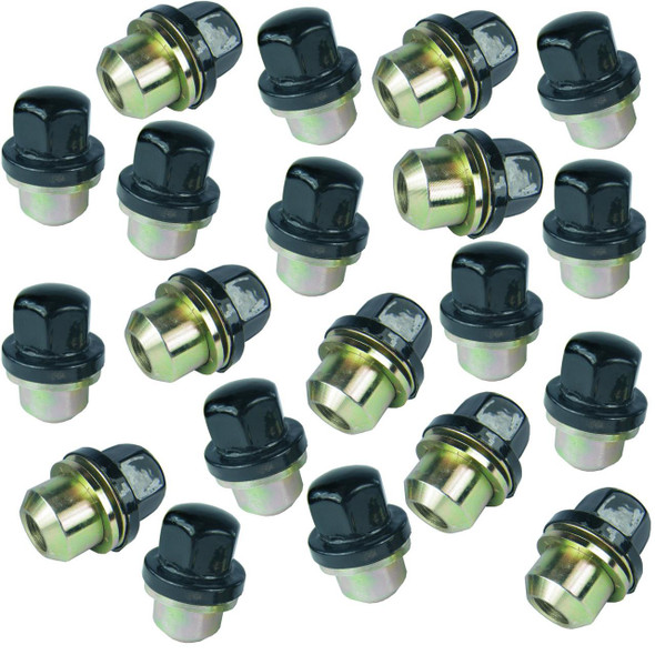 Direct Replacement Black Alloy Wheel Nuts x20 for Defender, set of 20 black and gold alloy wheel nuts for Defender vehicles.
