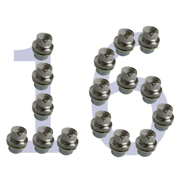 Direct Replacement Alloy Wheel Nut Stainless Steel Capped x16 for Discovery & Defender, close-up view of 16 stainless steel capped wheel nuts on a white background.