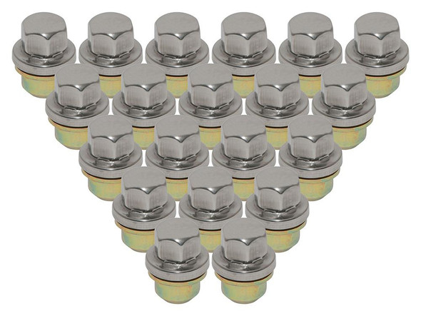 Direct Replacement RRD500560X Alloy Wheel Nut Set of 20 for Defender & Discovery 1, image of 20 silver alloy wheel nuts arranged in a triangle formation.