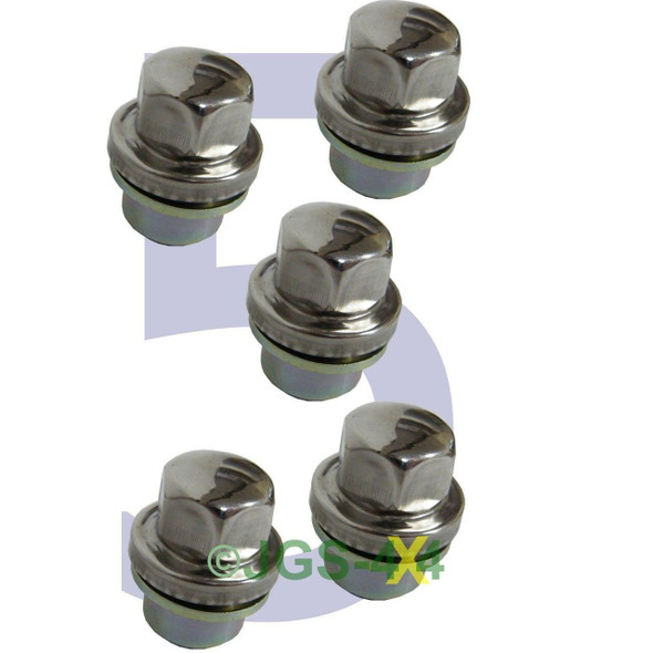 Direct Replacement Alloy Wheel Nut Stainless Steel Capped x5 for Discovery & Defender, set of five shiny stainless steel wheel nuts with capped heads for vehicle wheel replacement.