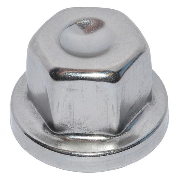 OEM Parts Locking Wheel Nut Cap Stainless Steel for Defender, close-up view of the locking wheel nut cap showing its metallic surface and hexagonal shape for securing wheel nuts.