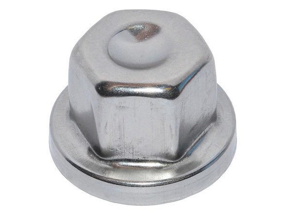 OEM Parts Locking Wheel Nut Cap Stainless Steel for Discovery 1, close-up of a shiny silver wheel nut cap with a hexagonal design and locking mechanism.