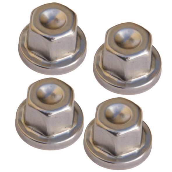 Direct Replacement Stainless Steel Locking Wheel Nut Cover x4 for Discovery 1, 2 & Defender, four shiny silver wheel nut covers with locking mechanism, designed for vehicle wheels.