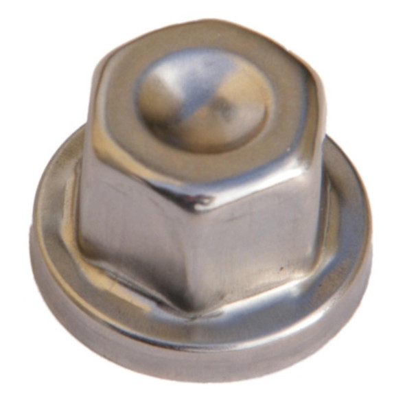 Direct Replacement Stainless Steel Locking Wheel Nut Cover x4 for Discovery 1, 2 & Defender, close-up view of a metallic wheel nut cover.