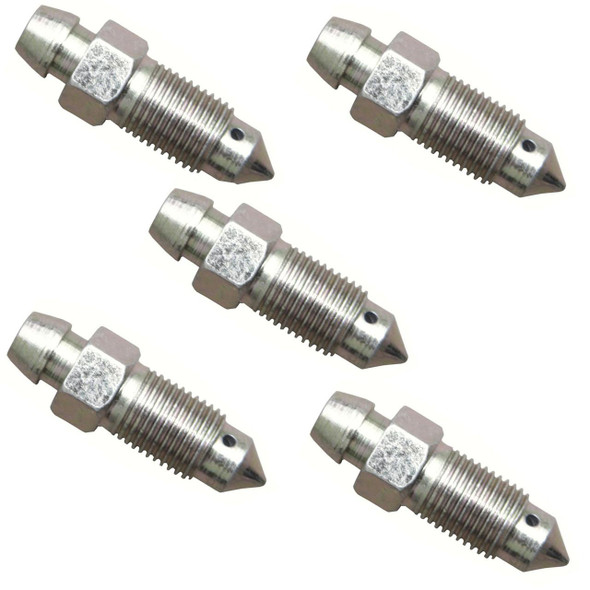 Direct Replacement Brake Caliper Bleed Screw Metric x5 for Defender & Discovery 1, five metal brake bleed screws with threaded bodies and pointed tips.