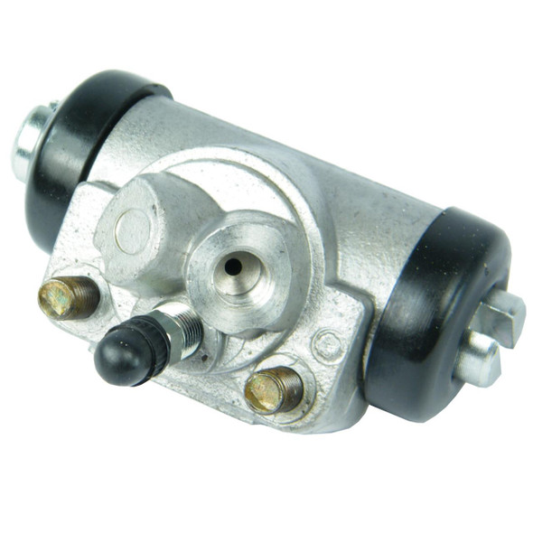 Product: Rear Brake Wheel Cylinder Left Hand for Defender 90, image showing a silver metal wheel cylinder with black rubber components and threaded bolts.