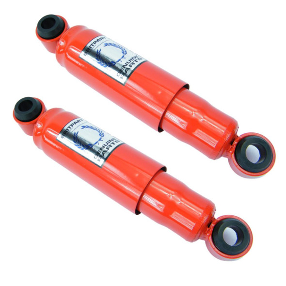 Direct Replacement Front Shock Absorber HD Heavy Duty x2 for Series LWB, sturdy orange shock absorbers with black mounting eye bushings for vehicle suspension replacement.