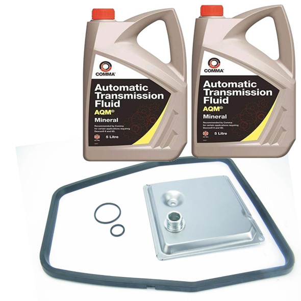 Direct Replacement Automatic Gearbox Filter Service Kit With ATF Fluid for Discovery 2, image showing two bottles of automatic transmission fluid, a gasket, and a transmission filter plate.
