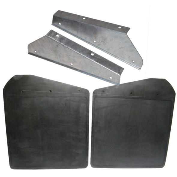 Direct Replacement Front Mud Flaps With Galvanised Brackets for Defender, vehicle mud flaps and galvanized mounting brackets for off-road protection.