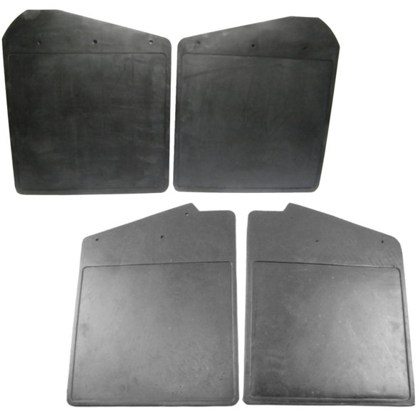 Direct Replacement Mud Flaps Front & Rear for Defender 90, sturdy black rubber mud flaps for front and rear wheels, automotive replacement parts for off-road vehicle protection.