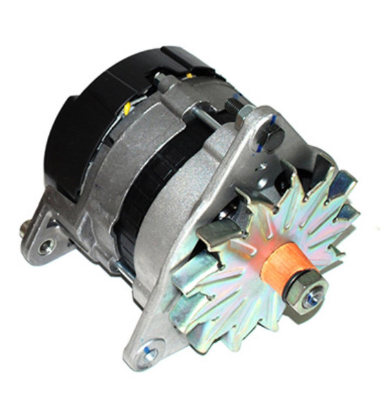 Product: Direct Replacement 12v 40 Amp Alternator for Series 2A, 3, close-up view of the automotive alternator showing its metallic body and cooling fan with a colourful finish. Product: Direct Replacement 12v 40 Amp Alternator for Series 2A, 3, close-up view of the automotive alternator showing its metallic body and cooling fan with a colourful finish.