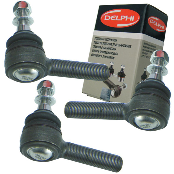 Direct Replacement Steering Track Rod End Kit x3 for Defender 90 110, image shows three metallic steering track rod ends with black rubber boots and threaded metal rods, positioned in front of a black and white boxed packaging with red Delphi logo.