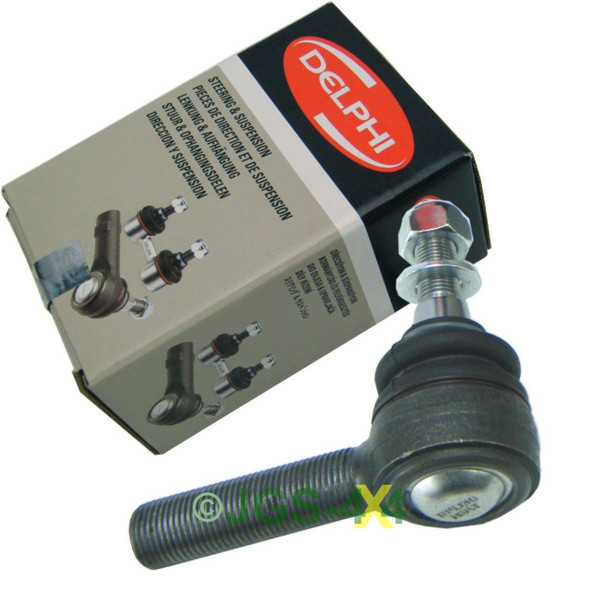 Delphi Steering Track Rod End Ball Joint Left Hand Thread for Defender 90 110, automotive steering component with metal rod and threaded joint in front of product box.