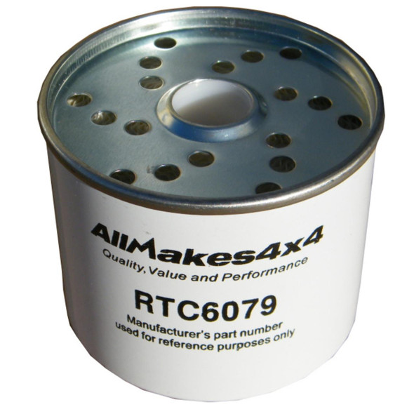 Product: Direct Replacement Diesel Fuel Filter 2.25D 2.5D 2.5TD for Series 2, 3 & Defender, white cylindrical diesel fuel filter with metal top featuring multiple holes for engine filtration.