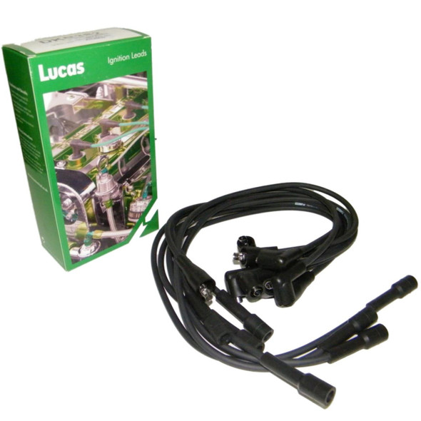 Lucas Ignition Lead Set LUCAS for Range Rover Discovery Defender V8, ignition wires with black insulation and metal connectors, displayed next to its green packaging box with automotive imagery.