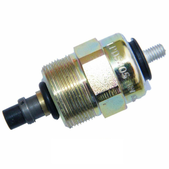 Direct Replacement Diesel Fuel Stop Solenoid for Range Rover Classic TDi, close-up view of the metallic solenoid with threaded body and rubber seals.
