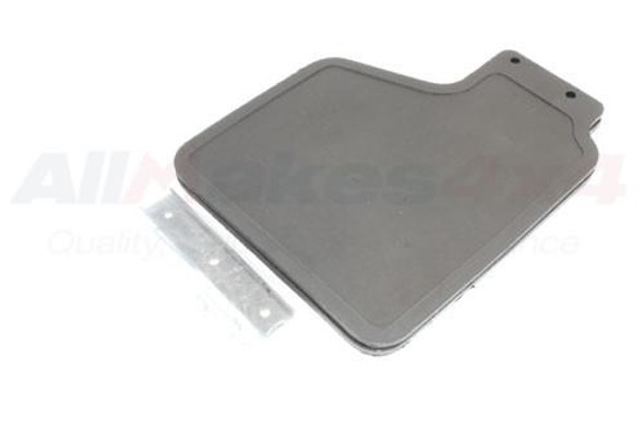 Direct Replacement Front Mudflap Set Plain for Discovery 1, gray mudflap with mounting bracket on white background