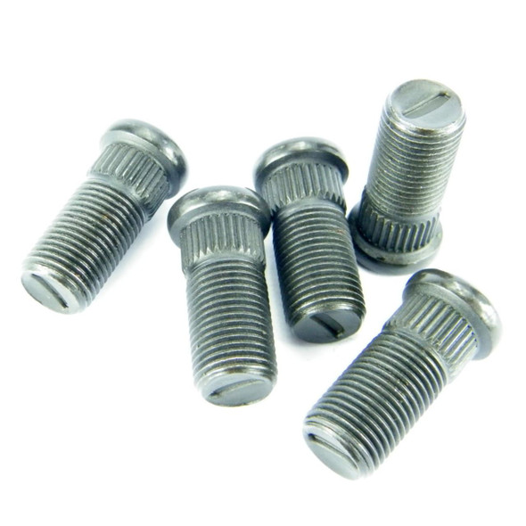 Product: Direct Replacement Wheel Stud x5 for Defender & Discovery, close-up of five metallic wheel studs with threaded shafts and slotted heads for vehicle wheel mounting.