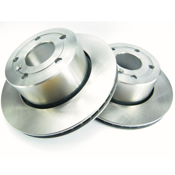 Direct Replacement Front Brake Discs x2 for Discovery 2, pair of shiny silver car brake discs with ventilated design for improved cooling.