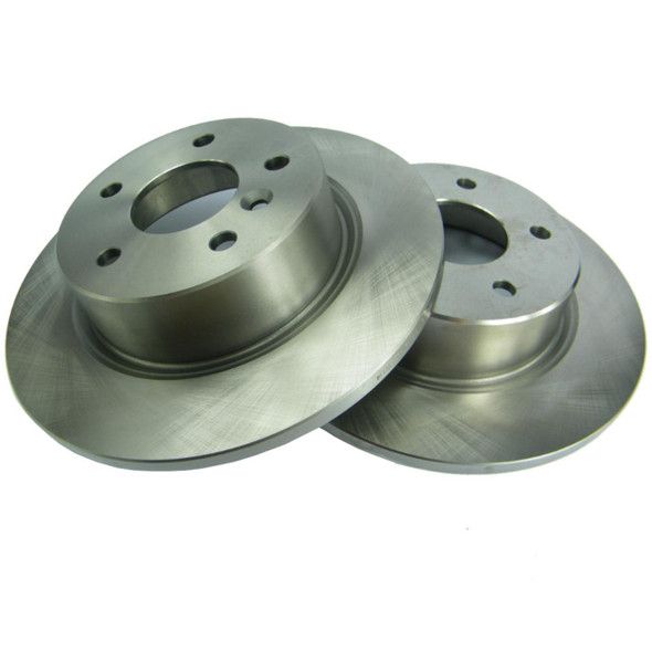 Product: Direct Replacement Rear Brake Disc x2 for Discovery 2, image showing two metallic rear brake discs for vehicle brake system. 