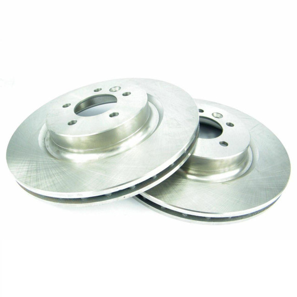 Direct Replacement Front Brake Discs 3.0 TDV6 SDV6 for Discovery 4, pair of silver front brake discs with drilled holes and smooth surface.