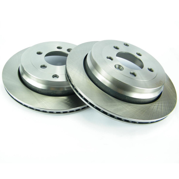 Direct Replacement Rear Brake Discs for Discovery 3, 4 & Range Rover Sport TDV6, two silver brake discs with ventilated design and central hub holes.