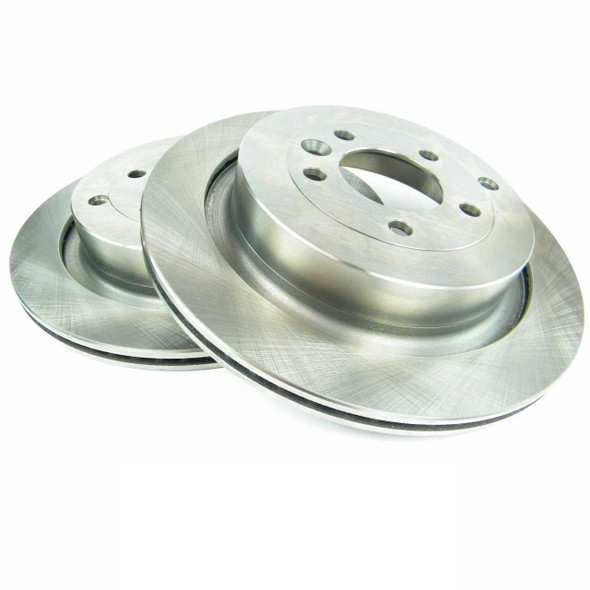 Direct Replacement Rear Brake Discs Pair for Discovery 4 and Range Rover Sport, silver automotive brake discs on a white background.