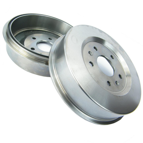 Product: Direct Replacement Rear Brake Drums 2001 for Freelander 1, image showing a pair of metallic rear brake drums with vented design and central holes for mounting.